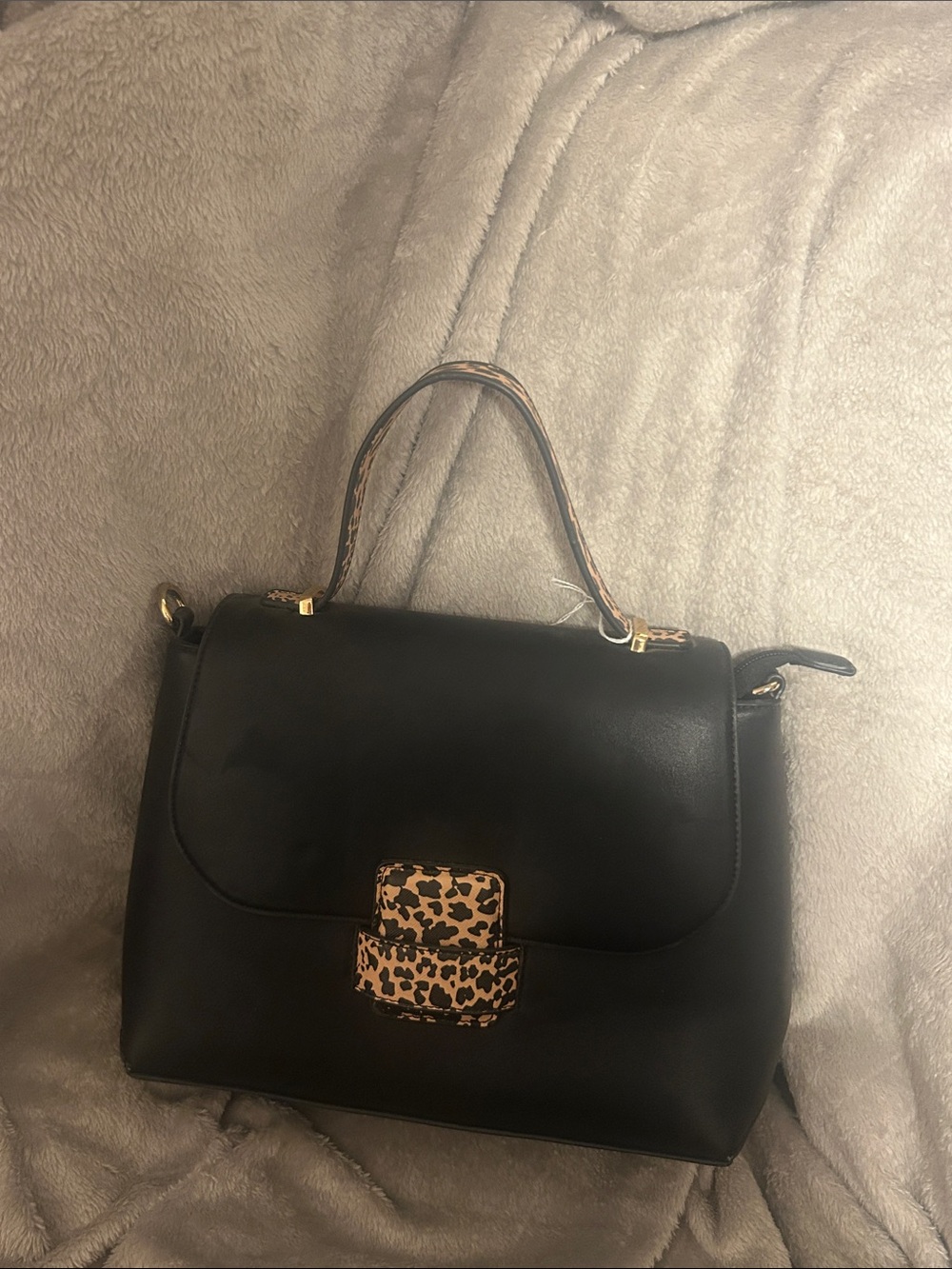 Black Satchel with Leopard Accent - Elegant Top-Handle Women’s Bag